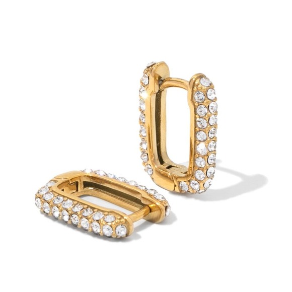 U Shaped Pave Zirconia Hoop Earrings 18K Gold Plated Stainles Steel - Picture 7 of 7